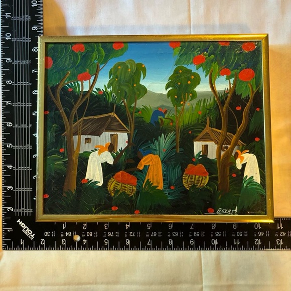 Vintage Haiti Haitian Oil Board Fruit Picking Scene Signed Astrel Set of 2 - Picture 8 of 9
